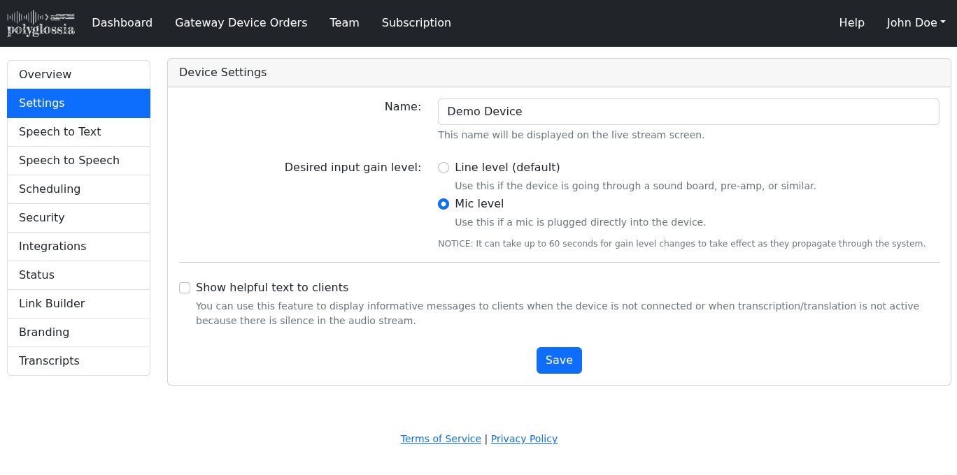 The Settings tab of the device page with fields for the device name and the desired input gain level.