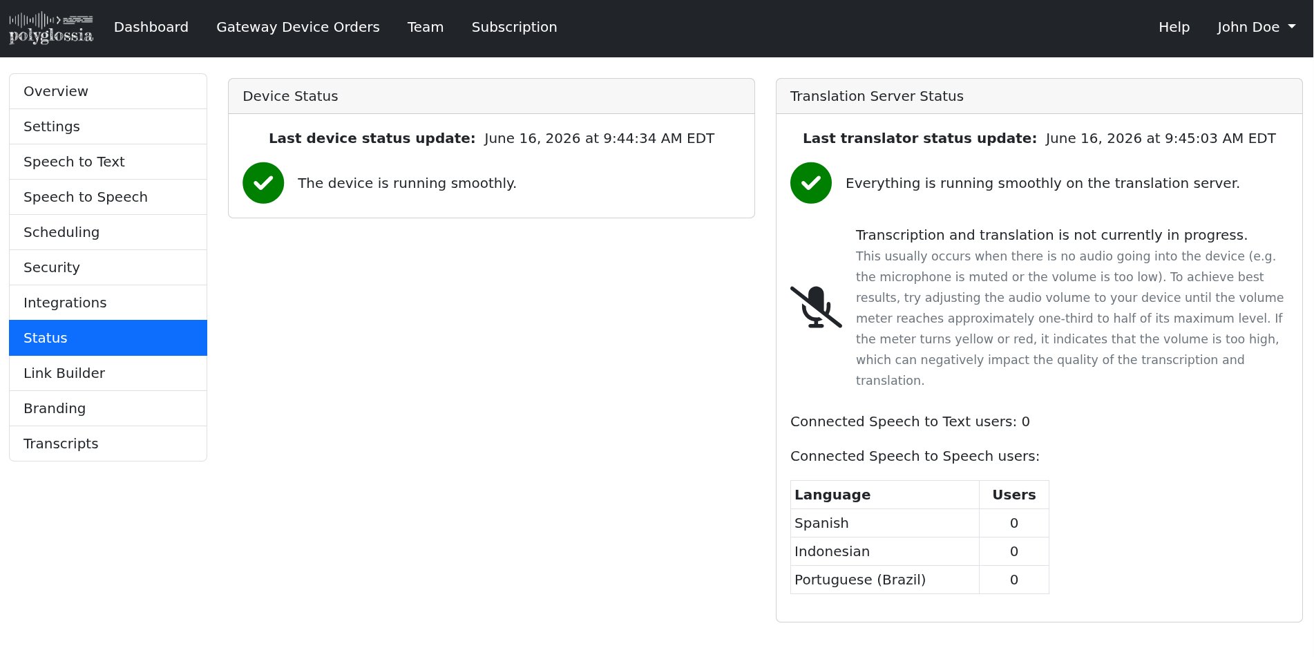 The Status tab of the device admin page showing green Device Status and Translator Server Status indicators.