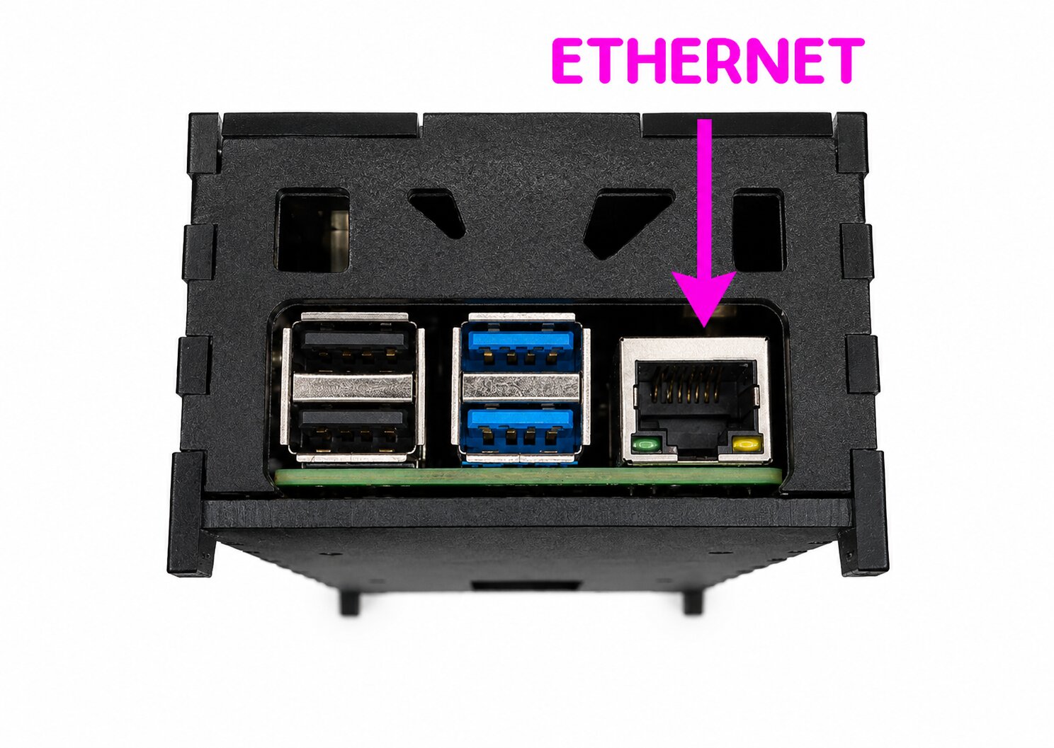 The Polyglossia device's network port with an Ethernet cable connected for a wired internet connection.
