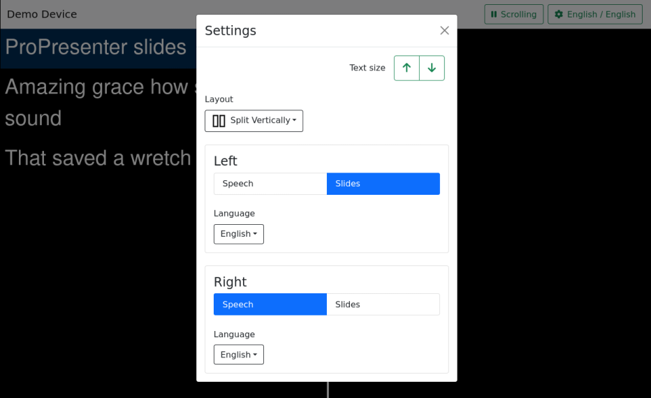 A listener's screen showing speech translation and ProPresenter slide translation displayed side by side.