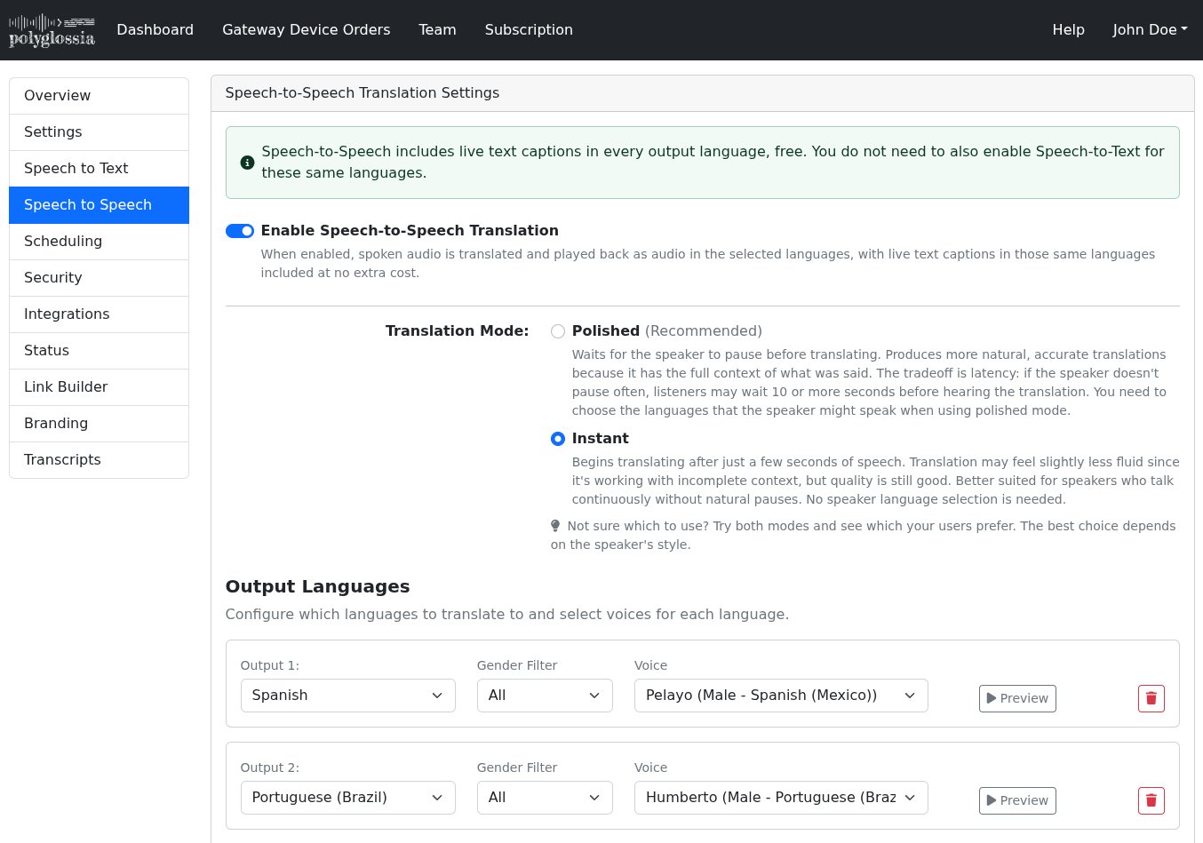 The Speech to Speech tab showing the enable toggle, the Polished and Instant translation modes, and a list of output languages with voice selection.